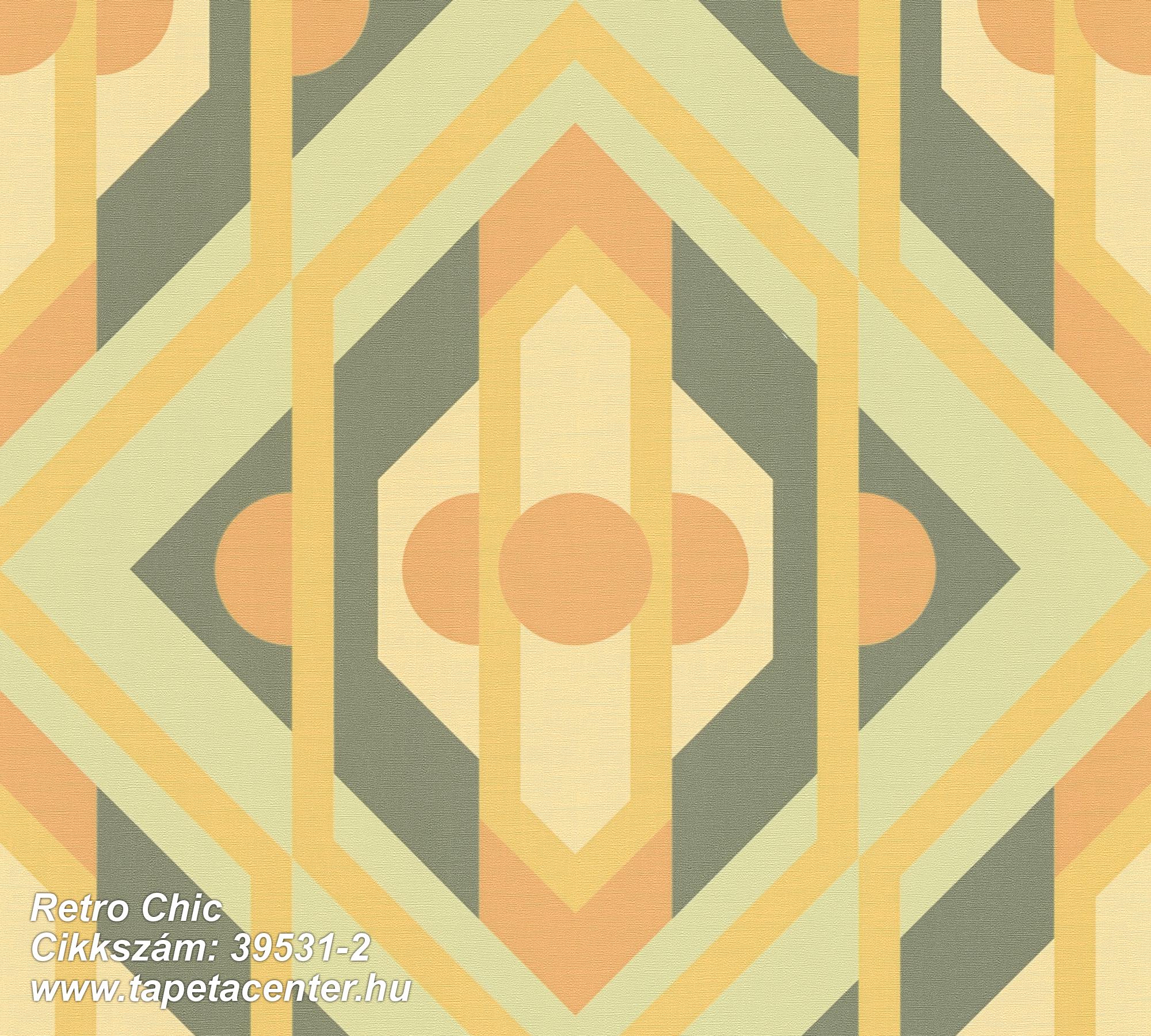 Geometriai mintás,retro,textil hatású,narancs-terrakotta,sárga,zöld,súrolható,vlies tapéta 